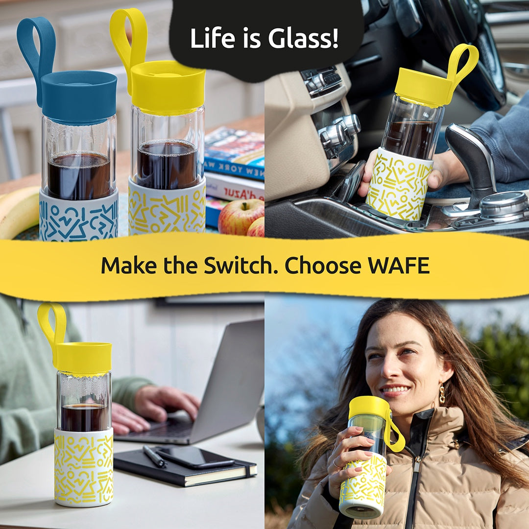 WAFE Cup 2-in-1 Insulated Glass Coffee Mug & Travel Water Bottle 350ml - YELLOW