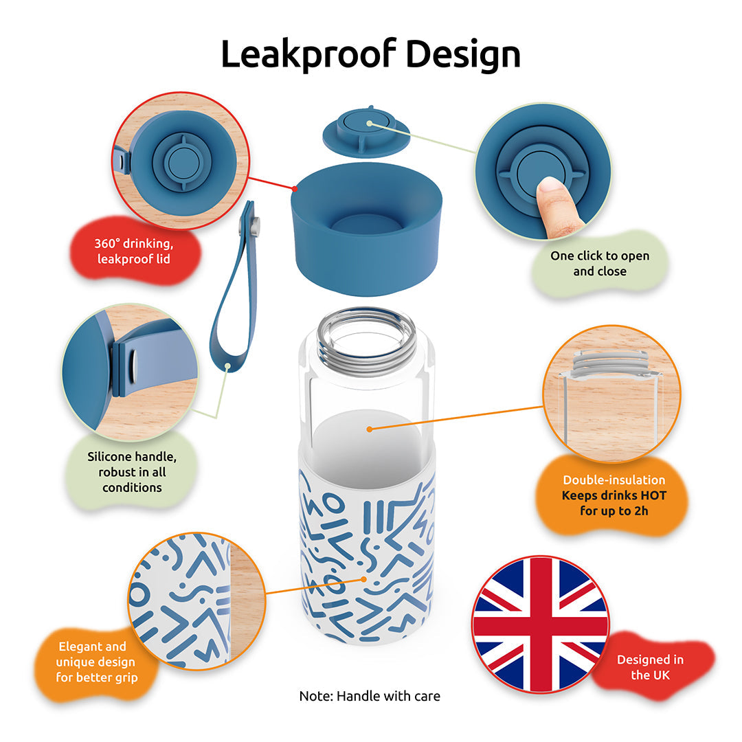 WAFE Cup 2-in-1 Insulated Glass Coffee Mug & Travel Water Bottle 350ml - BLUE