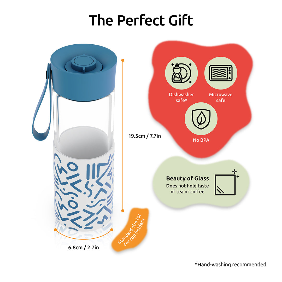 WAFE Cup 2-in-1 Insulated Glass Coffee Mug & Travel Water Bottle 350ml - BLUE