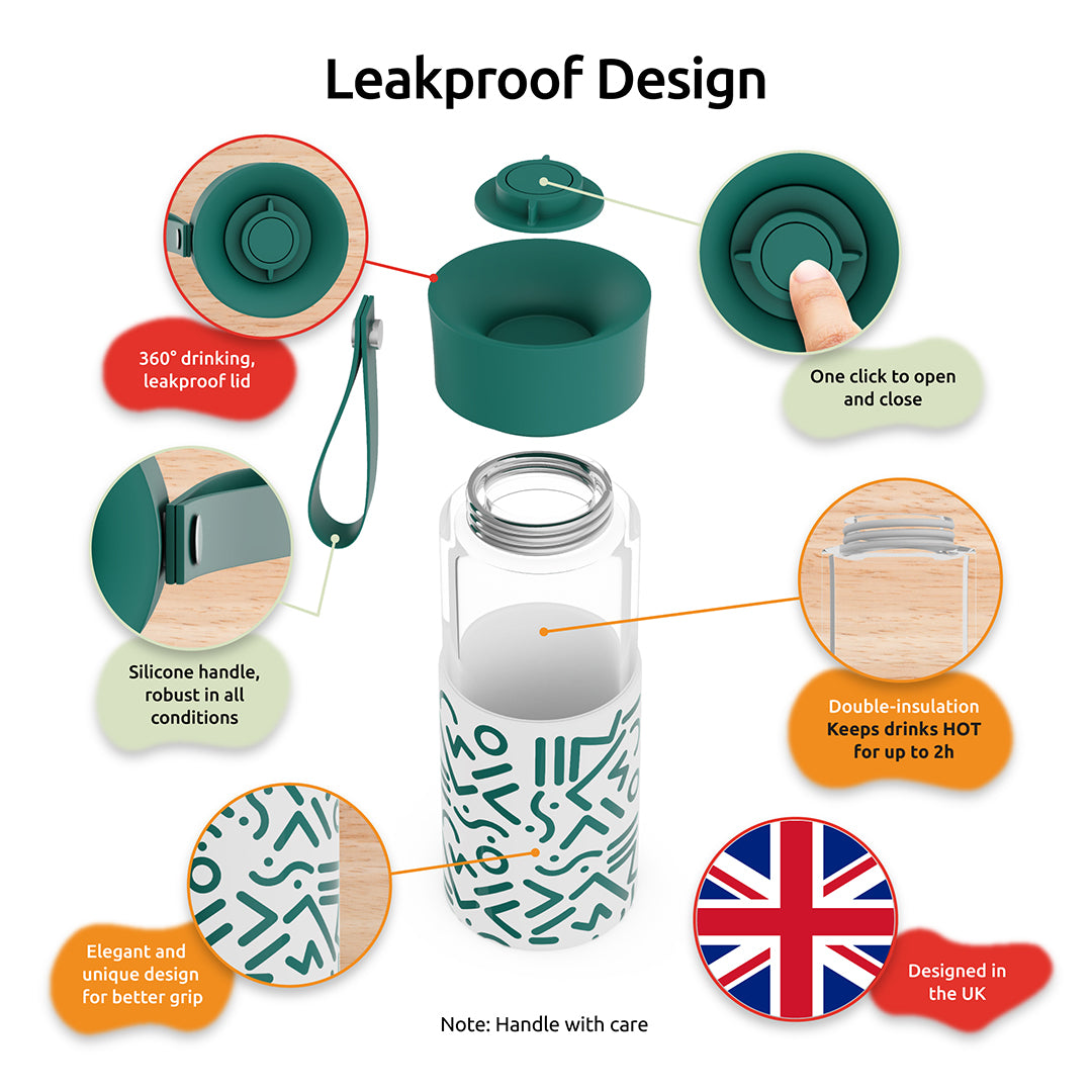 WAFE Cup 2-in-1 Insulated Glass Coffee Mug & Travel Water Bottle 350ml - GREEN