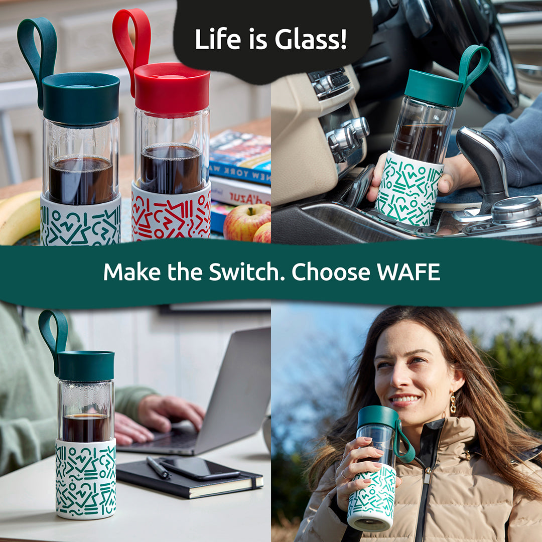 WAFE Cup 2-in-1 Insulated Glass Coffee Mug & Travel Water Bottle 350ml - GREEN