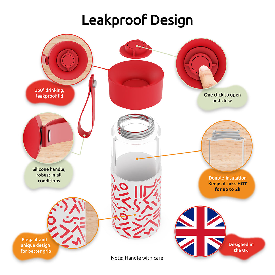 WAFE Cup 2-in-1 Insulated Glass Coffee Mug & Travel Water Bottle 350ml - RED