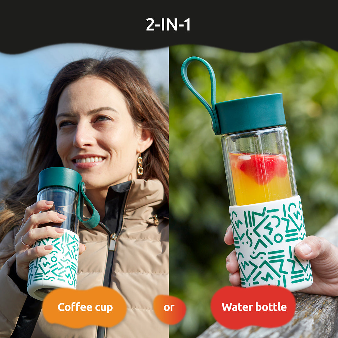 WAFE Cup 2-in-1 Insulated Glass Coffee Mug & Travel Water Bottle 350ml - GREEN