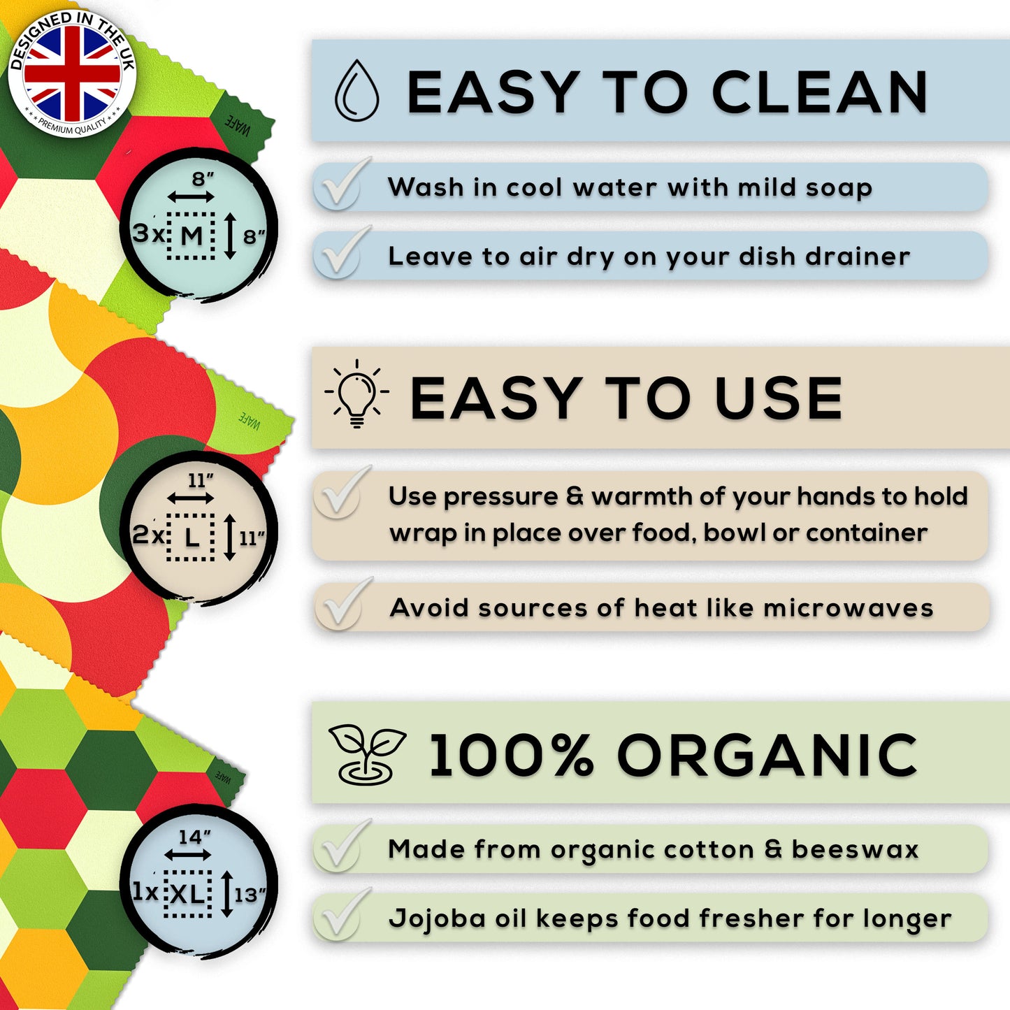 WAFE - Reusable Beeswax Food Wraps - Fruity Edition - Pack of 6+3